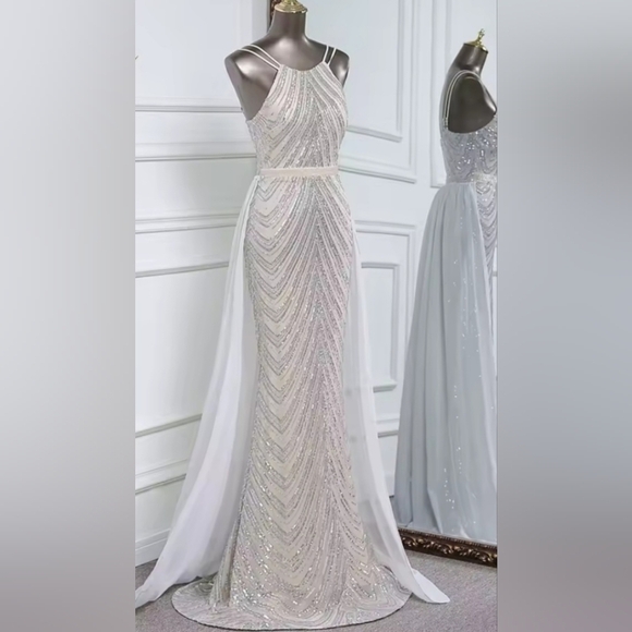 Silver,  O Neck, Sleeveless,  Detachable Skirt, Sequined Mermaid Gown - Picture 8 of 16